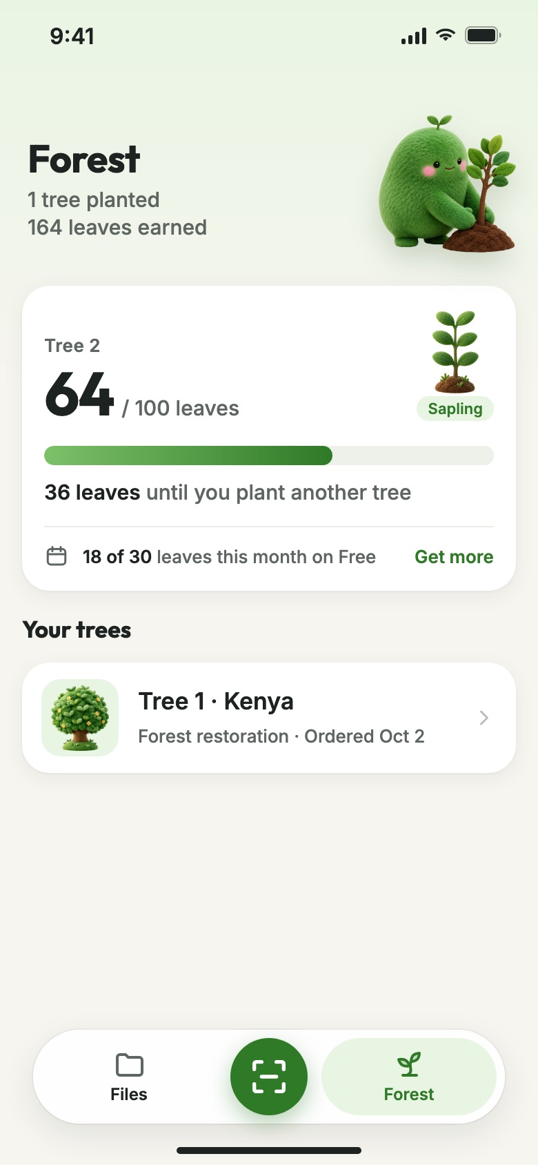 The Forest tab showing 64 of 100 leaves